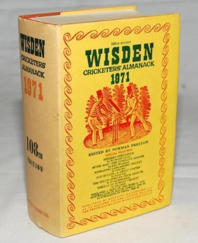 Wisden Cricketers' Almanack 1971. Original hardback with dustwrapper. Some minor age toning to the spine of the dustwrapper, small label to the top corner of the first advertising page otherwise in good/very good condition - cricket