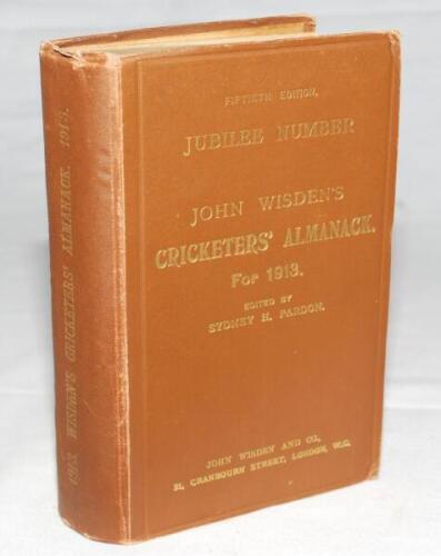 Wisden Cricketers' Almanack 1913. 50th (Jubilee) edition. Original hardback. Some wear to board extremities, some light bumping to corners, some wear to head and base of spine paper, slight dulling to gilt titles on the spine paper, breaking and broken in