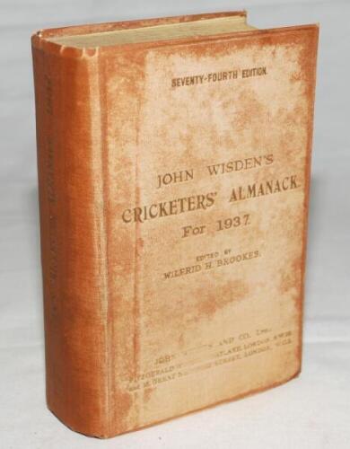 Wisden Cricketers' Almanack 1937. 74th edition. Original hardback. Heavy staining to boards, dulled and worn gilt titles to front board and spine, slight soiling to page block edge, internally in good condition - cricket