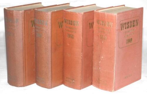 Wisden Cricketers' Almanack 1949, 1950, 1951 and 1952. Original hardback editions. The 1949 edition with some wear to boards and spine, broken front and rear internal hinges, the 1950 edition with odd faults to boards, the 1951 edition with odd faults to 