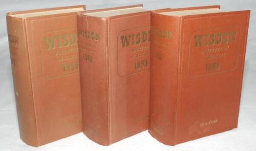 Wisden Cricketers' Almanack 1952, 1953 and 1958. Original hardback editions. The 1952 edition with minor mark to front board, odd minor faults, the 1953 edition with minor discolouration to boards and light spotting to page block edge and the 1958 edition