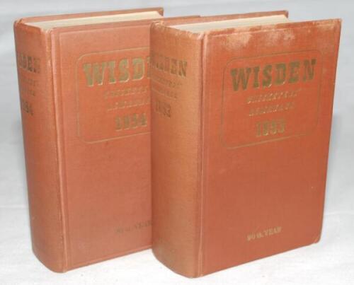 Wisden Cricketers' Almanack 1953 and 1954. Original hardback editions. The 1953 edition with staining to the top border of the front board, bumping to odd corner, slight breaking to front internal hinge otherwise in good condition, the 1954 edition in goo