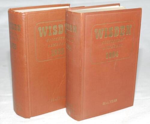 Wisden Cricketers' Almanack 1954 and 1955. Original hardback editions. The 1954 edition with dulled gilt titles to spine paper, and light foxing to page block edge, the 1955 edition with crease to front board and dulling to the gilt titles on the spine pa