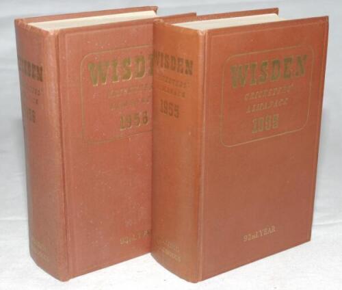 Wisden Cricketers' Almanack 1955 and 1956. Original hardback editions. Wrinkling to the spine paper of the 1956 edition, odd minor faults to boards otherwise in good condition. Qty 2 - cricket