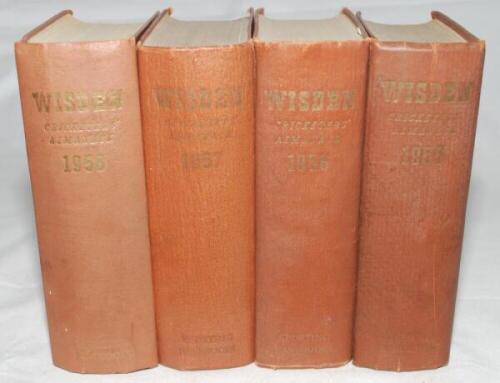 Wisden Cricketers' Almanack 1955, 1956, 1957 and 1958. Original hardback editions. The 1955 edition with soiled, worn and darkened boards, dulled gilt titles and heavy soiling and spotting to page block edge, the 1956 edition with soiled, worn and stained