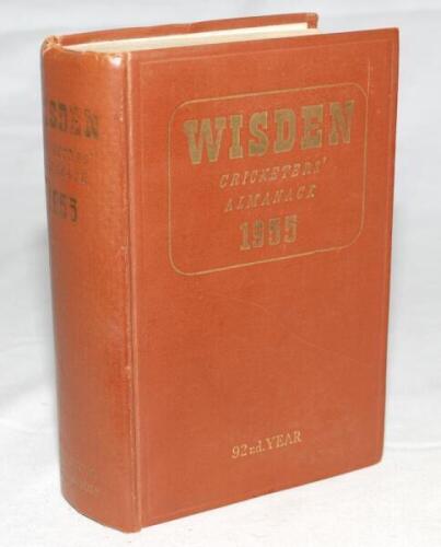 Wisden Cricketers' Almanack 1955. Original hardback. Minor stain to the bottom of the page block edge otherwise in good condition - cricket