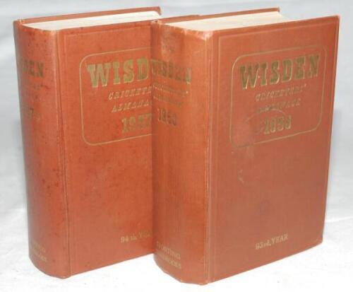 Wisden Cricketers' Almanack 1956 and 1957. Original hardback editions. Both editions with wear to the front internal hinges, minor marks to the front board of the 1956 edition, bumping to odd board corner otherwise in good condition. Qty 2 - cricket