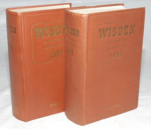 Wisden Cricketers' Almanack 1956 and 1957. Original hardback editions. The 1956 edition with dulled gilt titles to front board and spine paper and small light crease to front board, the 1957 edition in good/very good condition. Qty 2 - cricket