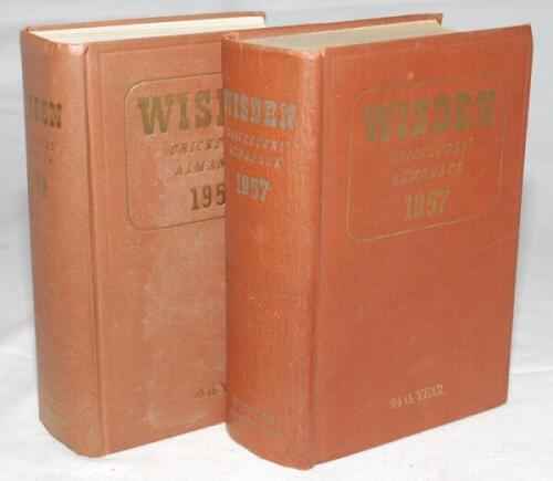 Wisden Cricketers' Almanack 1957 and 1958. Original hardback editions. Wrinkling and dulling to the gilt titles on the spine of the 1957 edition, some light staining to the boards and impressed line to the board of the 1958 edition, otherwise in good cond