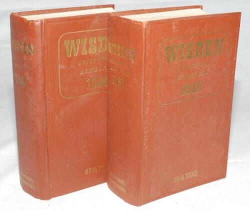 Wisden Cricketers' Almanack 1959 and 1960. Original hardback editions. Some light staining to the boards of both editions, some wrinkling to the spine of the 1960 edition otherwise in good condition. Qty 2 - cricket