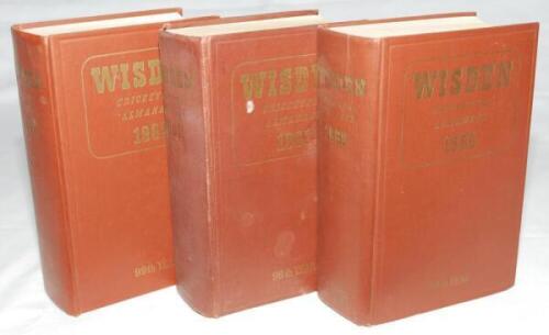 Wisden Cricketers' Almanack 1960, 1961 and 1962. Original hardback editions. The 1960 edition with some dulling to gilt titles, the 1961 with stained , worn and slightly warped boards, some small paint spots, some dulling and loss to gilt titles, staining