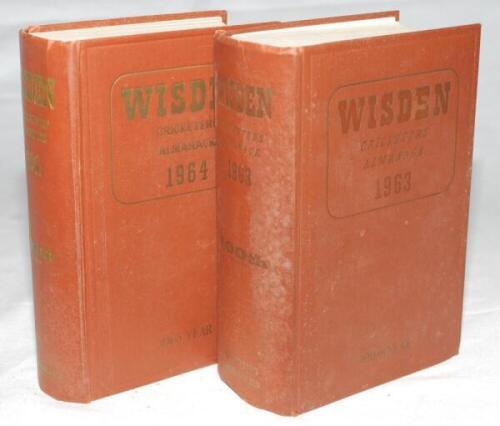 Wisden Cricketers' Almanack 1963 and 1964. Original hardback editions. Some light staining to the boards of both editions, some dulling to the gilt titles on the front boards otherwise in good condition. Qty 2 - cricket