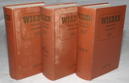 Wisden Cricketers' Almanack 1967, 1968 and 1969. Original hardback editions lacking dustwrappers. The 1967 edition with odd faults otherwise in good condition, the 1968 and 1969 editions with some staining to boards otherwise in good condition. Qty 3 - cr