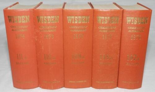 Wisden Cricketers' Almanack 1970, 1971, 1972, 1973 and 1974. Original hardback editions lacking dustwrappers. The 1970 and 1971 editions with some staining to boards and to lesser extent the other three editions otherwise in good condition. Qty 5 - cricke