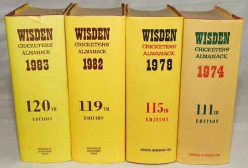 Wisden Cricketers' Almanack 1974, 1978, 1982 and 1983. Original hardback editions with dustwrapper. The 1974 edition with minor warping to the front board, mark to the front cover of the dustwrapper and some age toning to the spine paper, the 1978 edition