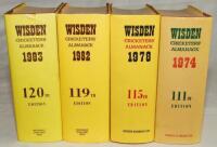 Wisden Cricketers' Almanack 1974, 1978, 1982 and 1983. Original hardback editions with dustwrapper. The 1974 edition with minor warping to the front board, mark to the front cover of the dustwrapper and some age toning to the spine paper, the 1978 edition