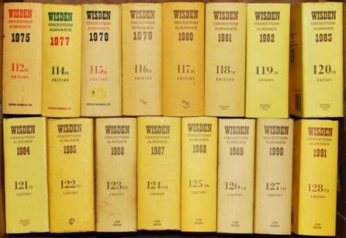 Wisden Cricketers' Almanack 1975, 1977, 1978, 1979 to 2108. Original hardback with dustwrapper. The 1978 is an ex libris edition, light fading to odd spine otherwise in good/very good condition overall. Qty 43 - cricket