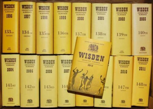 Wisden Cricketers' Almanack 1996 to 2012. Original hardbacks with dustwrapper. Minor faults to odd dustwrapper otherwise in good/very good condition. Qty 17 - cricket