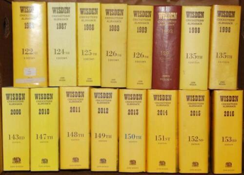 Wisden Cricketers' Almanacks 1938, 1951, 1956, 1958, 1970, 1973, 1974, 1978, 1980, 1981, 1982, 1984, 1985, 1987, 1988, 1989 (2), 1992, 1998 (2), 2006, 2010 to 2016. The majority original hardbacks with dustwrappers, where required with the exception of th