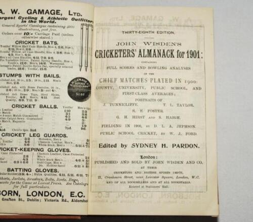 Wisden Cricketers' Almanack 1901 and 1909. 38th &amp; 46th editions. Both bound in light brown boards, lacking original paper wrappers, with titles in gilt to front board and spine. The 1901 edition complete, the 1909 edition lacking first and last advert