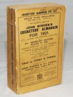 Wisden Cricketers' Almanack 1921. 58th edition. Original paper wrappers. Some wear with very small loss to spine paper, minor age toning to wrappers and spine, handwritten signature of ownership to top border of front wrapper otherwise in good+ condition 