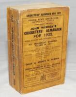 Wisden Cricketers' Almanack 1922. 59th edition. Original paper wrappers. Some soiling, darkening and general wear to wrappers, old tape marks to inside front wrapper and first advertising page, 'Fleet Street' stamp to page block edge, possible signs of re