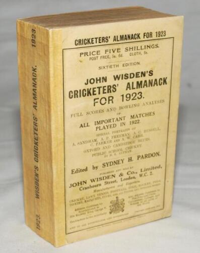 Wisden Cricketers' Almanack 1923. 60th edition. Original paper wrappers. Replacement spine paper, some slight age toning to wrappers otherwise in good/very good condition - cricket