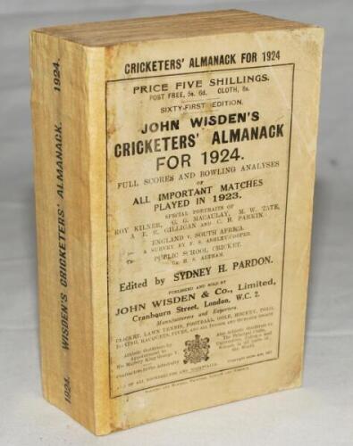 Wisden Cricketers' Almanack 1924. 61st edition. Original paper wrappers. Replacement spine paper, some slight age toning, wear and soiling to wrappers otherwise in good+ condition - cricket