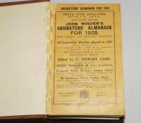 Wisden Cricketers' Almanack 1928. 65th edition. Bound in light brown boards, with original paper wrappers, with titles in gilt to front board and spine. Some breaking to internal hinges at front and rear otherwise in good condition - cricket