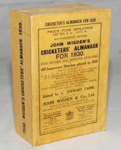 Wisden Cricketers' Almanack 1930. 67th edition. Original paper wrappers. Restoration to the spine paper, minor wear to the wrappers otherwise in very good condition - cricket