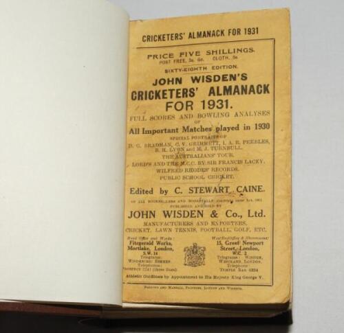 Wisden Cricketers' Almanack 1931. 68th edition. Bound in dark brown boards, original paper wrappers, with gilt titles to spine. Small tear with loss to first advertising page otherwise in good condition - cricket