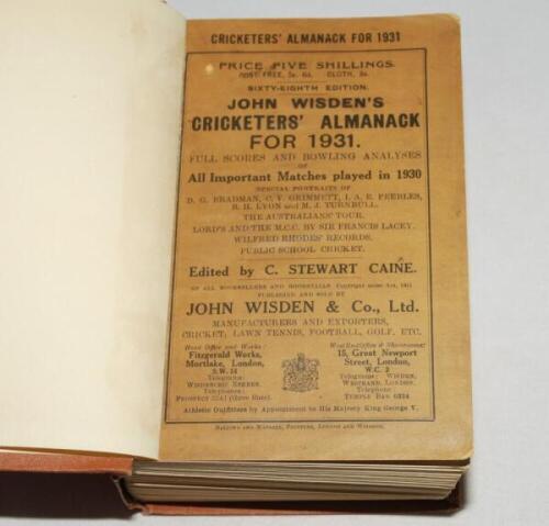Wisden Cricketers' Almanack 1931. 68th edition. Bound in light brown boards, with original paper wrappers, with titles in gilt to front board and spine. Wrappers slightly soiled and darkened otherwise in good condition - cricket