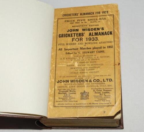 Wisden Cricketers' Almanack 1933, 1936 and 1938. 70th, 73rd &amp; 75th editions. All three bound in dark brown boards, original paper wrappers/cloth covers, with gilt titles to spine. All three editions with faults, the 1933 edition has worn and soiled wr