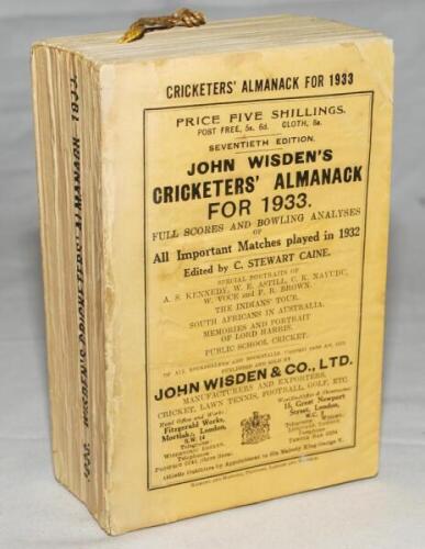 Wisden Cricketers' Almanack 1933. 70th edition. Original paper wrappers. Possible restoration to the top corner of the front wrapper, some slight cracking to the spine paper otherwise in good+ condition - cricket
