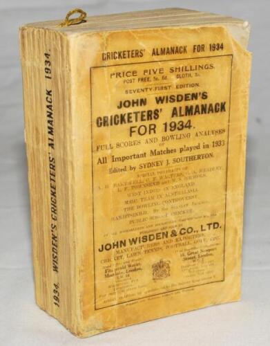 Wisden Cricketers' Almanack 1934. 71st edition. Original paper wrappers. Signs of possible restoration to areas of the wrappers and spine paper, loss to the top corner of the front wrapper otherwise in good condition - cricket