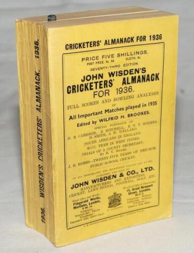 Wisden Cricketers' Almanack 1936. 73rd edition. Original paper wrappers. Very slight bowing to spine, minor marks to rear wrapper otherwise in very good/excellent condition - cricket