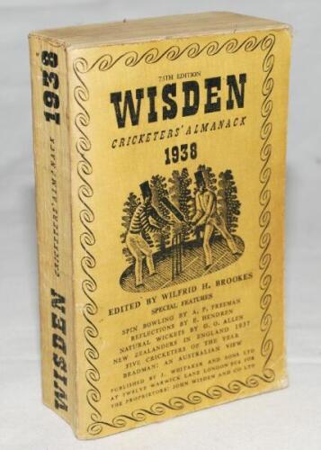 Wisden Cricketers' Almanack 1938. 75th edition. Original limp cloth covers. The book slightly cocked to the left, some soiling and wear to covers, odd faults otherwise in good condition - cricket