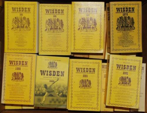 Wisden Cricketers' Almanack 1947, 1951, 1952, 1958, 1970, 1977 to 1979, 1981, 1983 to 1992, 1994, 1995, 1997, 1998, 2002, 2002 and 2009. Original limp cloth covers. The 1947 edition in poor condition, the 1958 and 1970 edition with bowed spine, light fadi