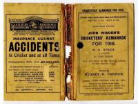 Wisden Cricketers' Almanack 1916 to 1920. A collection of original wrappers for books for the period stated. The wrappers consist of front and rear wrappers for the 1916, 1918, 1919 and 1920 editions and the rear wrapper for the 1917 edition. Varied condi