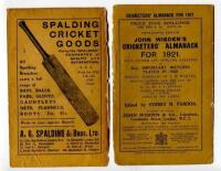 Wisden Cricketers' Almanack 1921 to 1943. A complete collection of original front and rear wrappers for books for the period stated. Original linen covers from 1938 onwards. Varied condition, some wear to wrappers/covers, some soiling, some loss to wrappe