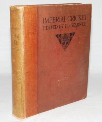 'Imperial Cricket'. P.F. Warner. London 1912. Original quarter leather, gilt titles to spine. Gilt to top page edges. Limited subscribers edition of 900 copies, this being an un-numbered edition. Padwick 83. Some minor wear to boards, new endpapers otherw