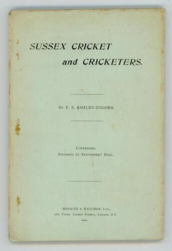 'Sussex Cricket and Cricketers'. F.S. Ashley-Cooper. Merritt &amp; Hatcher Ltd., London 1901. Limited edition of only thirty copies produced, this being number twenty six. Original pale green paper wrappers. Comprises a series of seven articles by Ashley-