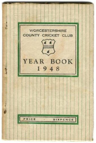 Worcestershire County Cricket Club Official Yearbook 1948 and 1950. Original decorative stiffened wrappers. The 1948 edition with minor age toning to wrappers, slight rusting to staples otherwise in very good condition. The 1950 edition in good condition.