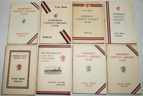 Somerset C.C.C. handbooks/ yearbooks 1948-2008. A run of annuals for seasons 1948/49, 1949/50, 1951/52-1953/54, 1956/57, 1958/59, 1959/60, 1979-1996, 1998-2005, 2005/06 and 2007/08. Some duplication. Qty 52. Rusting to staples of earlier issues, otherwise