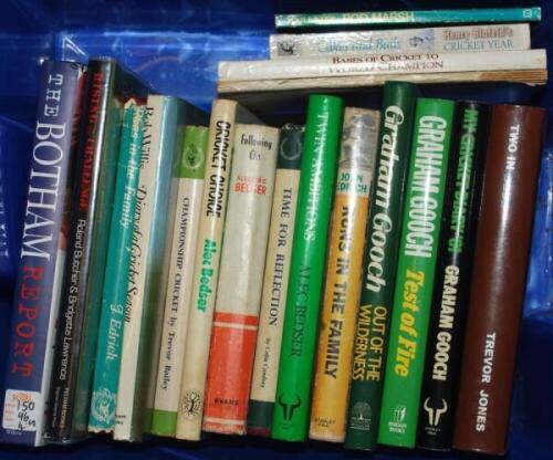 Signed and multi-signed cricket books. Box comprising twenty two mainly hardback titles with some softbacks. Includes eighteen biographies signed by the subject(s). Titles are 'Following On', and 'Twin Ambitions', Alec &amp; Eric Bedser, London 1954 and 1