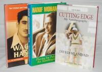 Pakistan autobiographies. Three hardback titles with very good dustwrappers, each signed by the subject. 'Playing for Pakistan', Hanif Mohammed 1999. 'For Cricket and Country', Waqar Hasan with Qamar Ahmed, Karachi 2002. Signed by Hasan. 'Cutting Edge', J