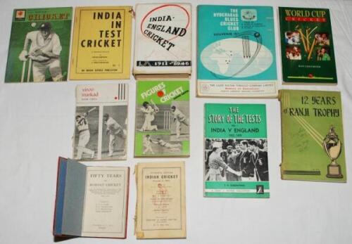 Indian cricket. Eleven titles, the majority softbacks. 'Fifty Years of Bombay Cricket 1895-1944', Bombay 1945. Bound in red boards. Heavy worm damage. 'India- England Cricket Visits 1911-1946', S.K. Roy, Calcutta 1946. 'Twelve Years of Ranji Trophy 1934-1