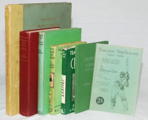 Signed cricket histories and instructional titles. Six hardback titles and one with paper wrappers, each signed by the author, one limited edition. Hardback titles are 'Who's Who in World Cricket', Roy Webber, London 1952. 'Cricketing Courtesy. Manners, C