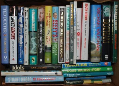 Signed biographies and autobiographies. Box comprising twenty five hardback titles with the odd paperback. Each title signed by the author/ subject. Signatures include Steve Harmison, Mark Ramprakash, Phil Edmonds, Ted Dexter, Jonny Bairstow, David Lloyd,
