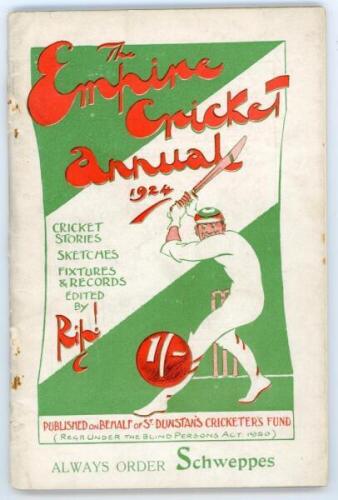 'The Empire Cricket Annual 1924'. Edited and illustrated by 'RIP'. Published on behalf of St. Dunstan's Cricketer's Fund 1924. Original decorative paper wrappers. Padwick 1069. Minor soiling and wear to wrappers, rusting to staples, otherwise in good/ ver